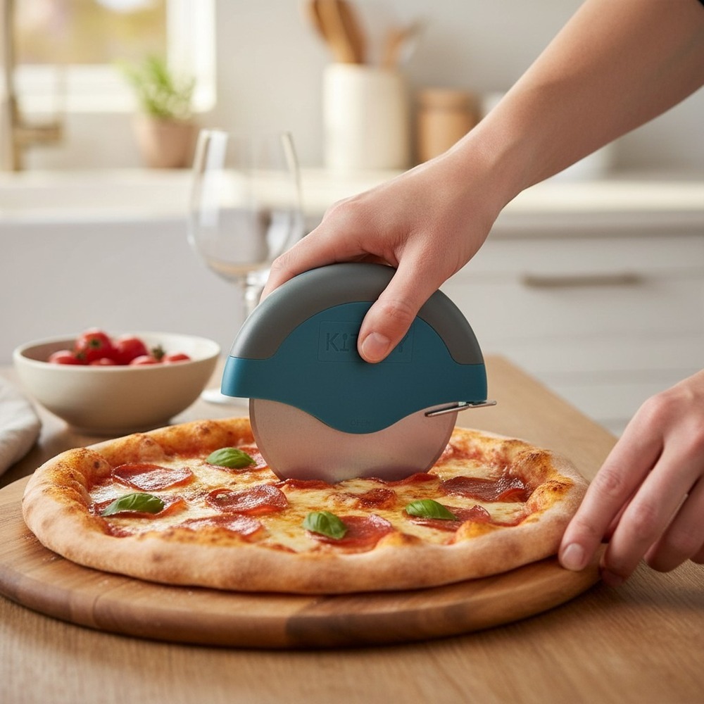 Kitchy Pizza Cutter Wheel Blue Stainless Steel Blade Guard New